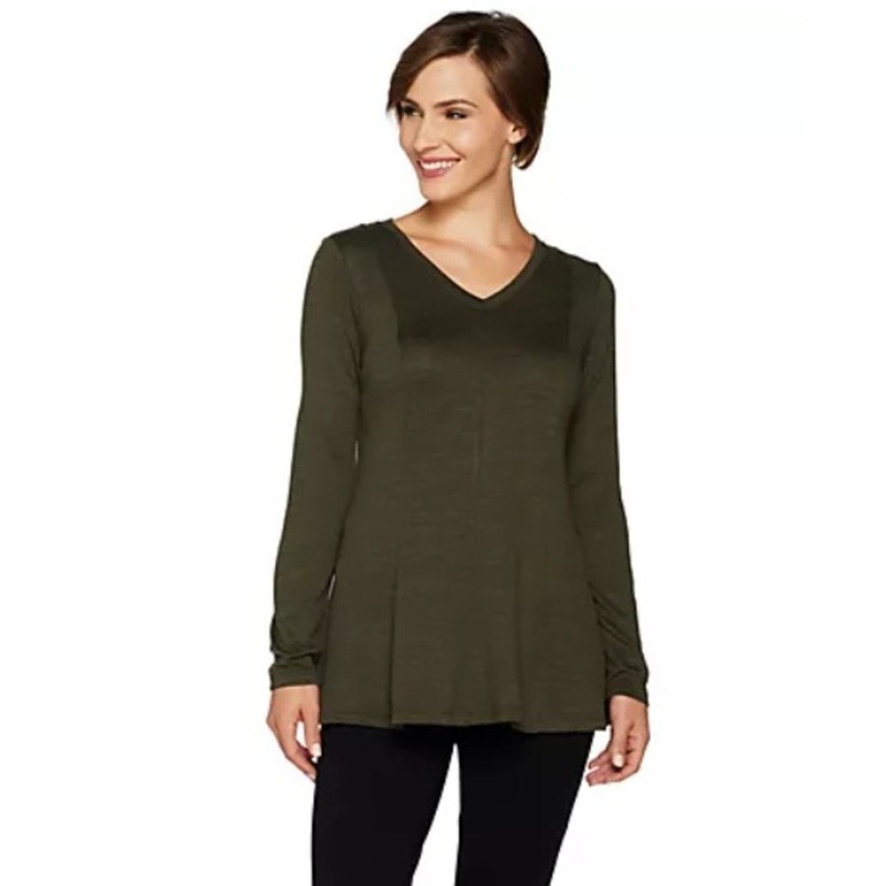 Womens 3X Denim & Co. Long‎ Sleeve V Neck Tunic Top Olive Green